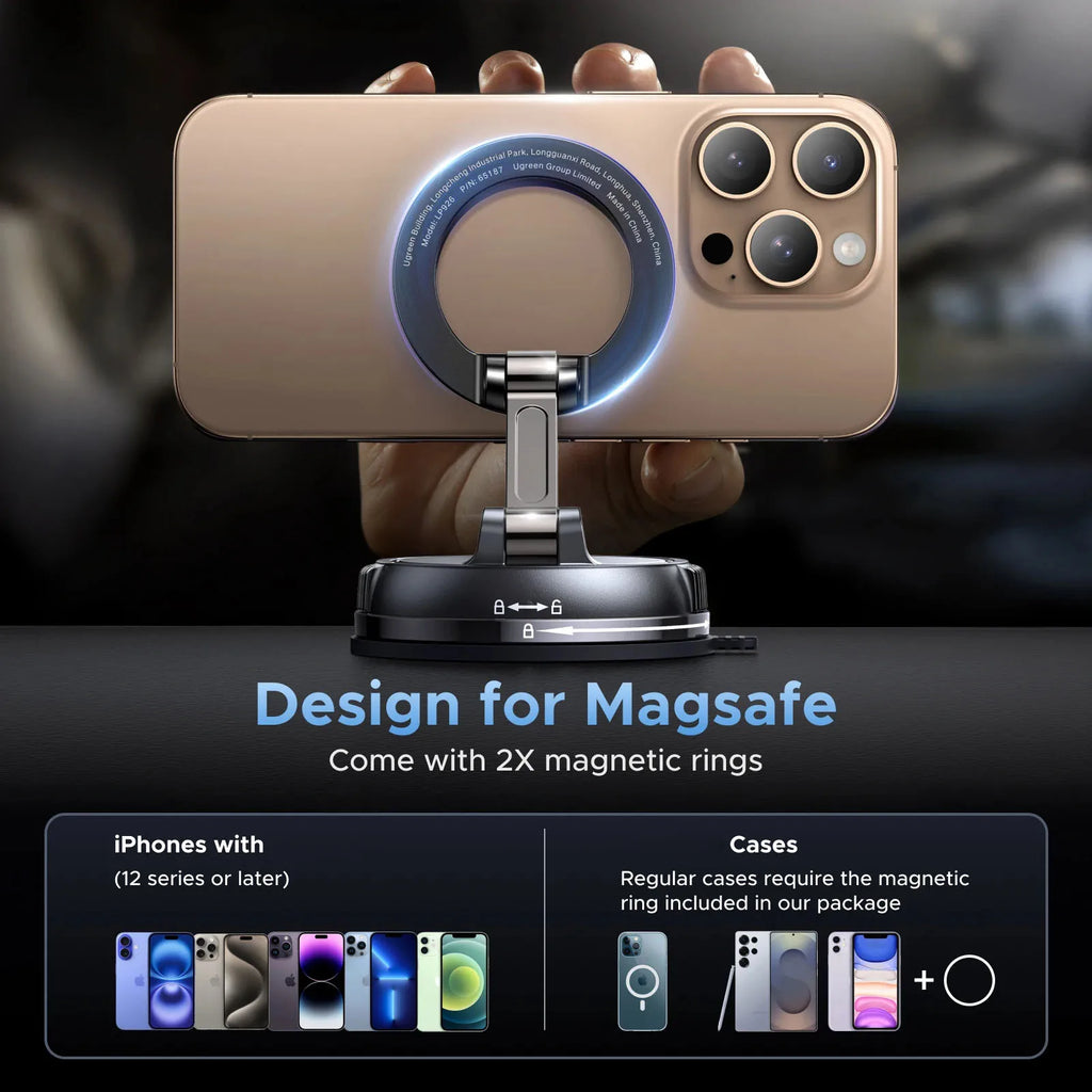 Magnetic Car Phone Holder Compatible with Magsafe 360 Rotatable Vacuum Suction Cup Car Mount Dashboard Magnet Cell Phone Holders